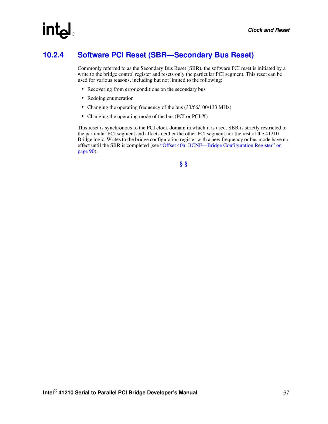 Intel 41210 manual Software PCI Reset SBR-Secondary Bus Reset 