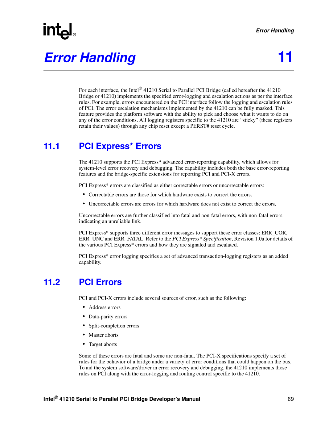 Intel 41210 manual Error Handling, PCI Express* Errors, PCI Errors 