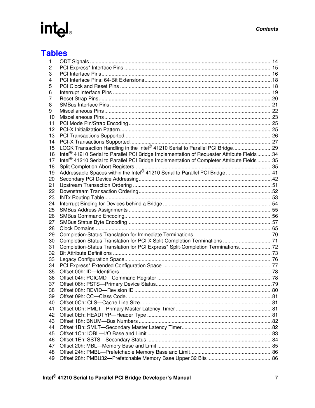 Intel 41210 manual Tables 