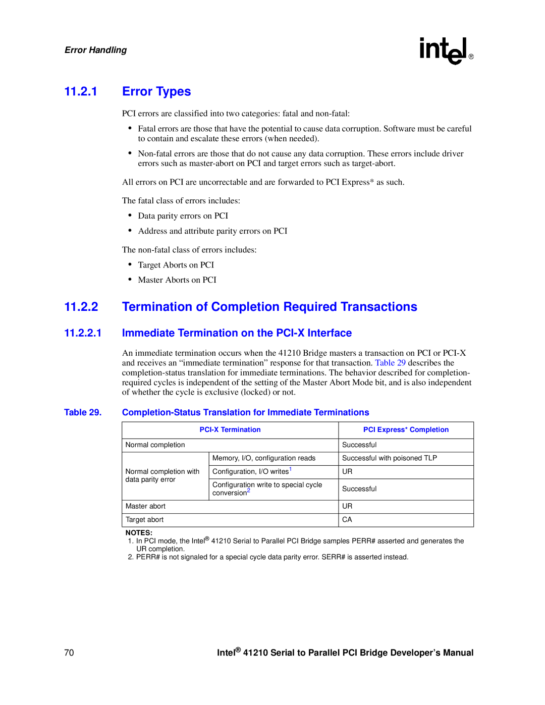 Intel 41210 manual Error Types, Termination of Completion Required Transactions, PCI-X Termination PCI Express* Completion 