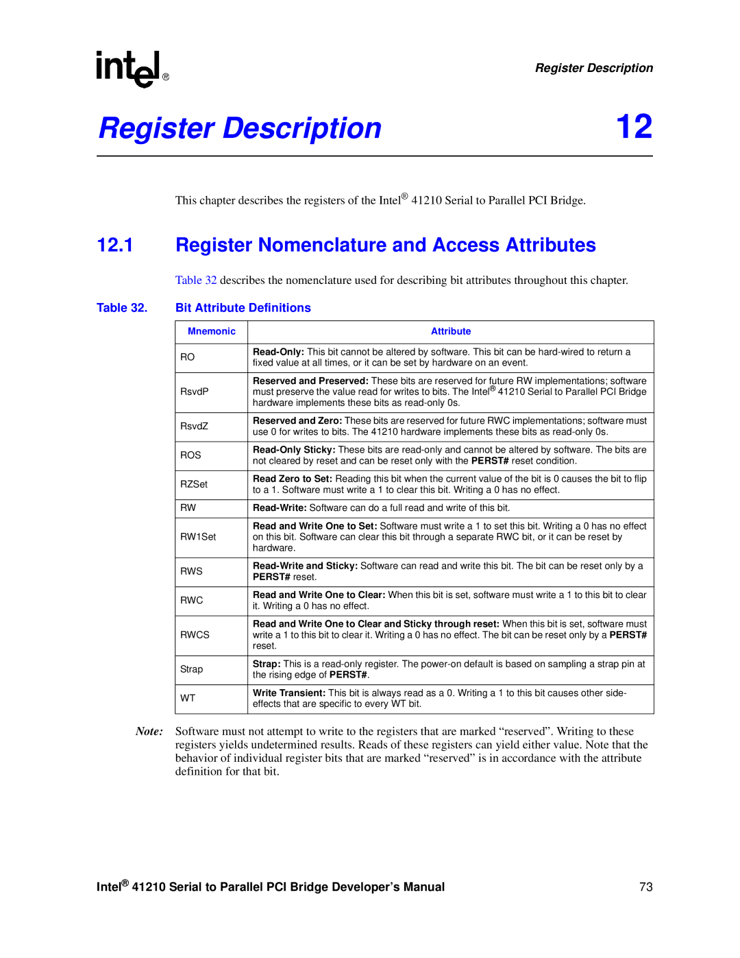 Intel 41210 Register Description, Register Nomenclature and Access Attributes, Bit Attribute Definitions, PERST# reset 