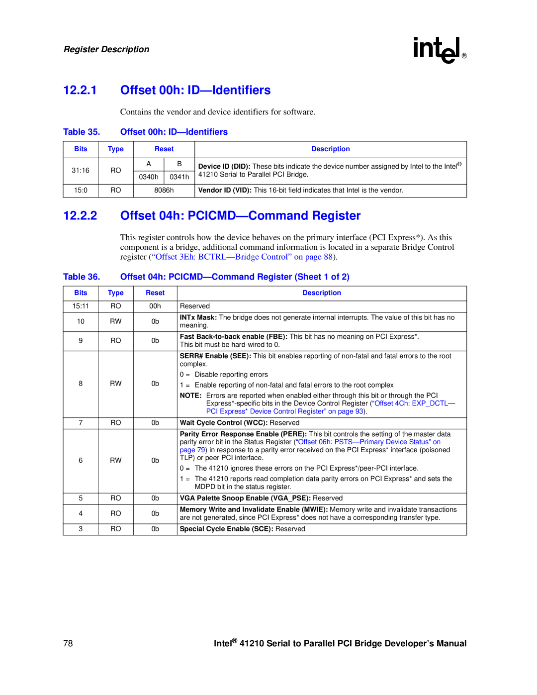 Intel 41210 manual Offset 00h ID-Identifiers, Offset 04h PCICMD-Command Register Sheet 1, Reset Description 