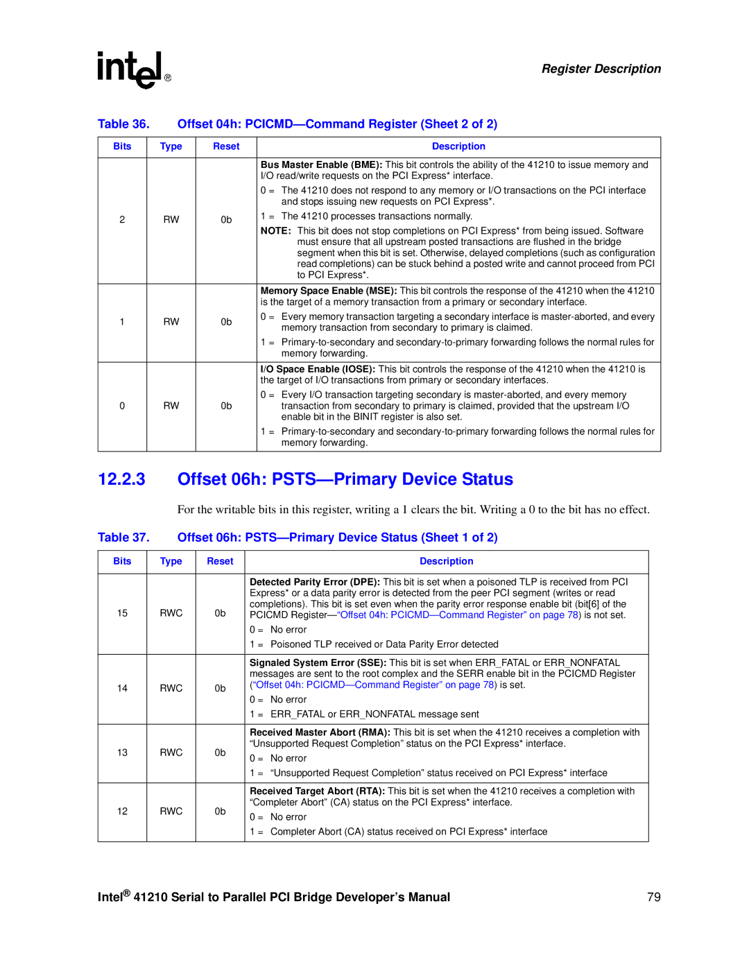 Intel 41210 manual Offset 06h PSTS-Primary Device Status, Offset 04h PCICMD-Command Register Sheet 2, Type 