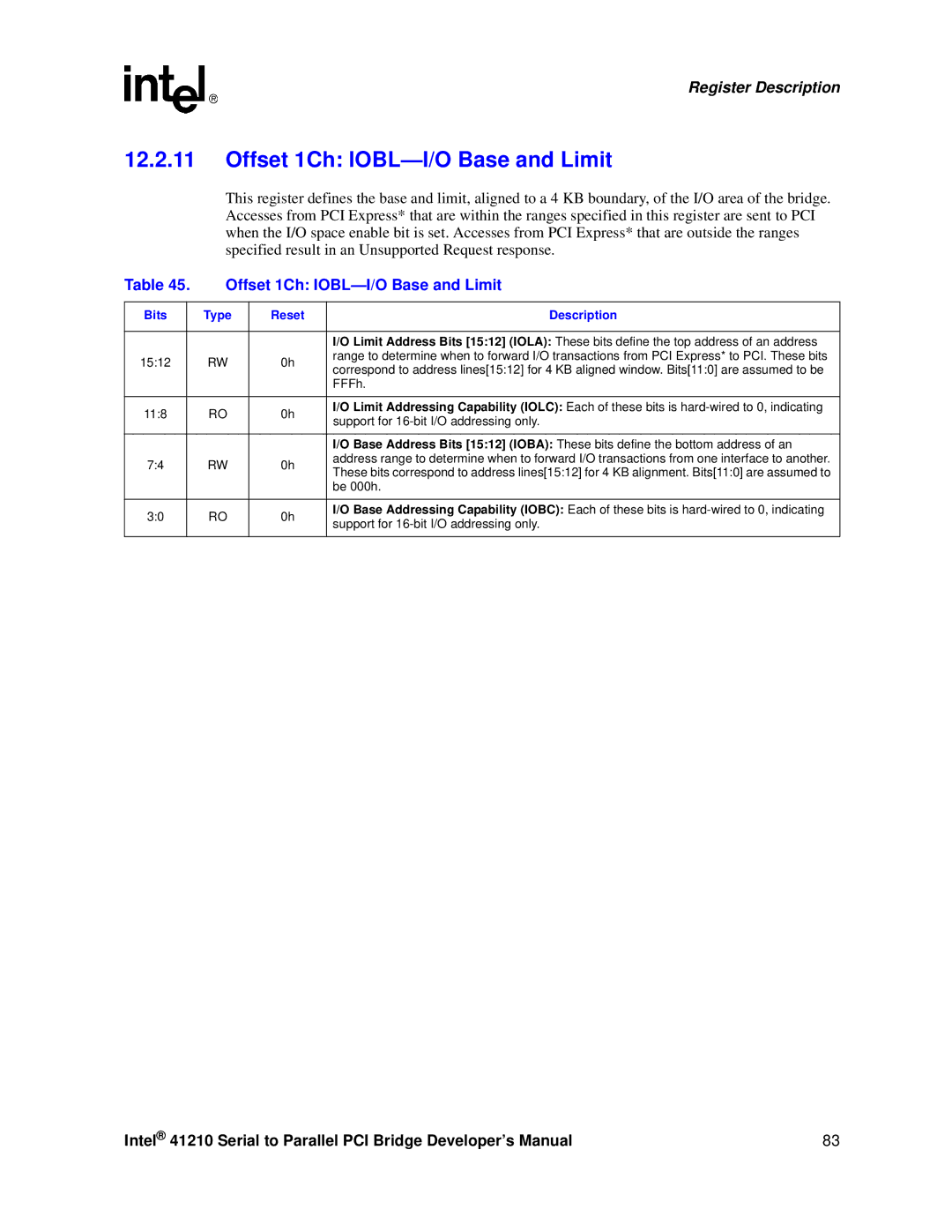 Intel 41210 manual Offset 1Ch IOBL-I/O Base and Limit, FFFh, Support for 16-bit I/O addressing only, Be 000h 