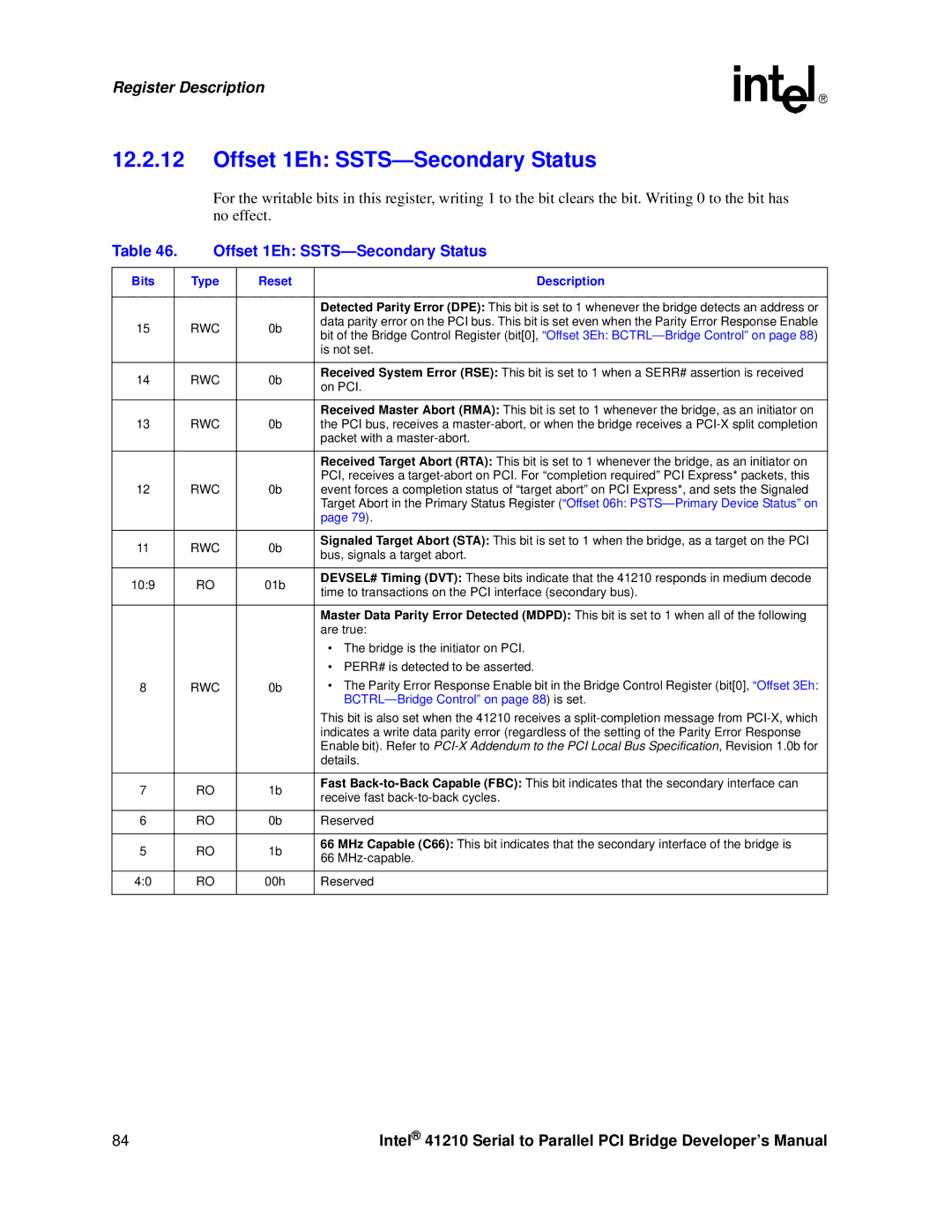 Intel 41210 manual Offset 1Eh SSTS-Secondary Status 