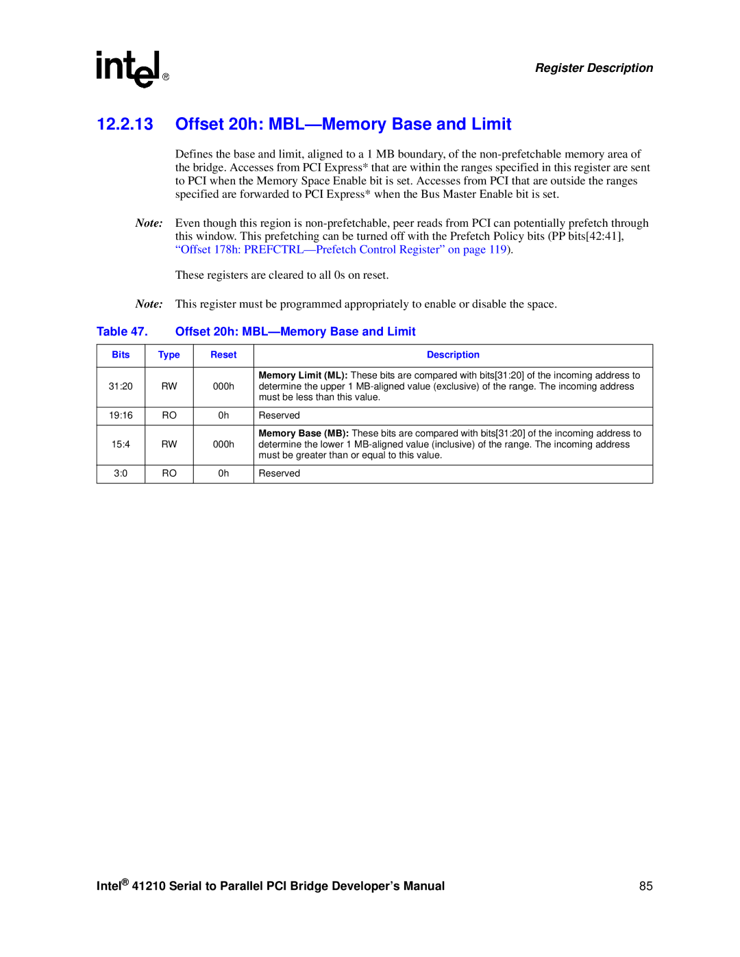 Intel 41210 manual Offset 20h MBL-Memory Base and Limit, 3120 000h, Must be less than this value, Reserved 