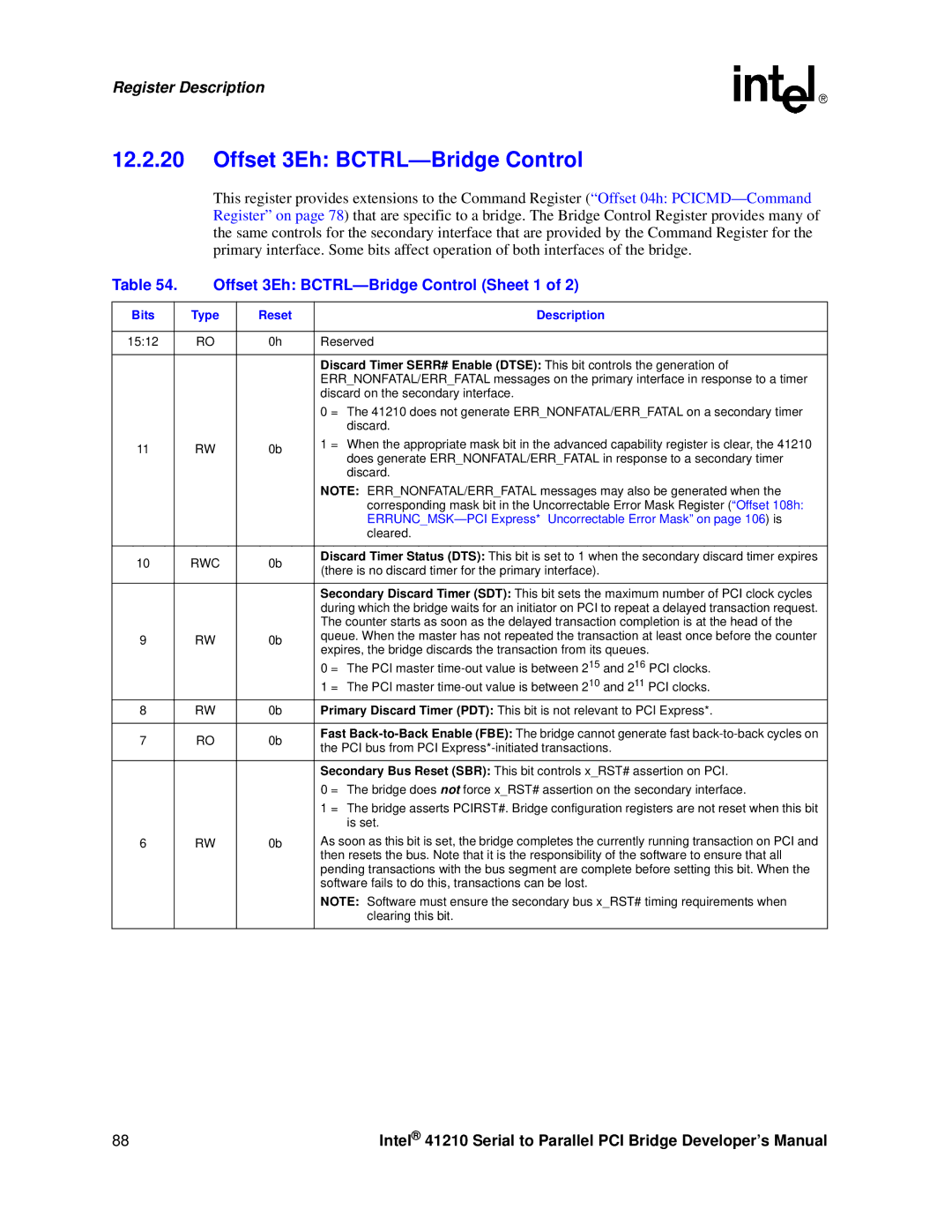 Intel 41210 manual Offset 3Eh BCTRL-Bridge Control Sheet 1 