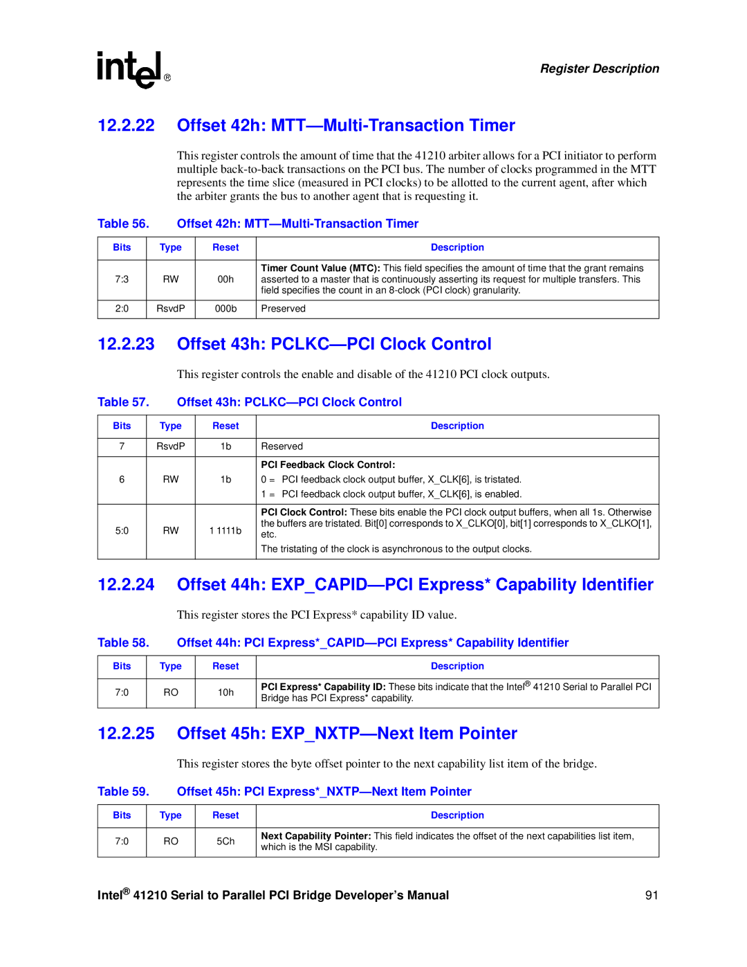 Intel 41210 manual Offset 42h MTT-Multi-Transaction Timer, Offset 43h PCLKC-PCI Clock Control 