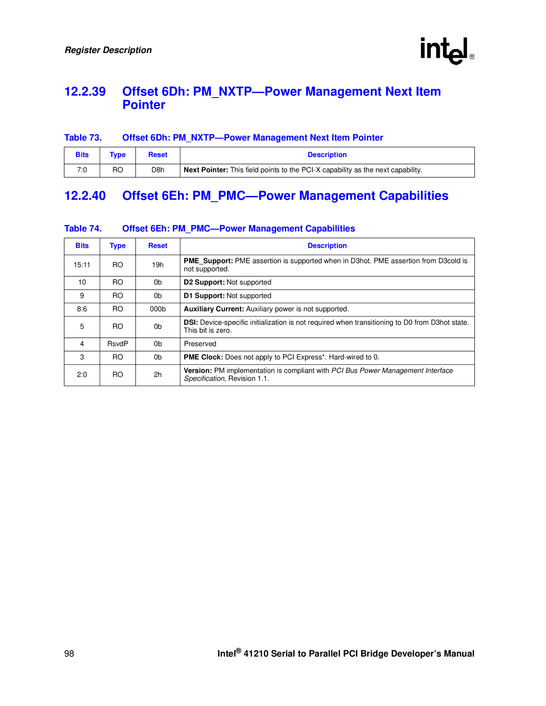 Intel 41210 manual Offset 6Dh PMNXTP-Power Management Next Item Pointer, Offset 6Eh PMPMC-Power Management Capabilities 