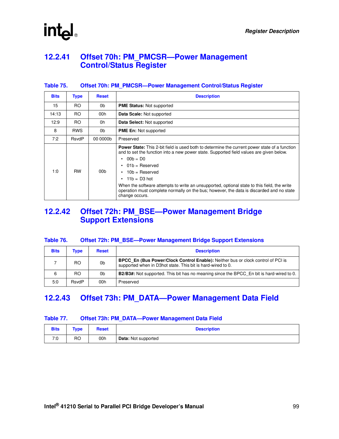 Intel 41210 Offset 70h PMPMCSR-Power Management Control/Status Register, Offset 73h PMDATA-Power Management Data Field 