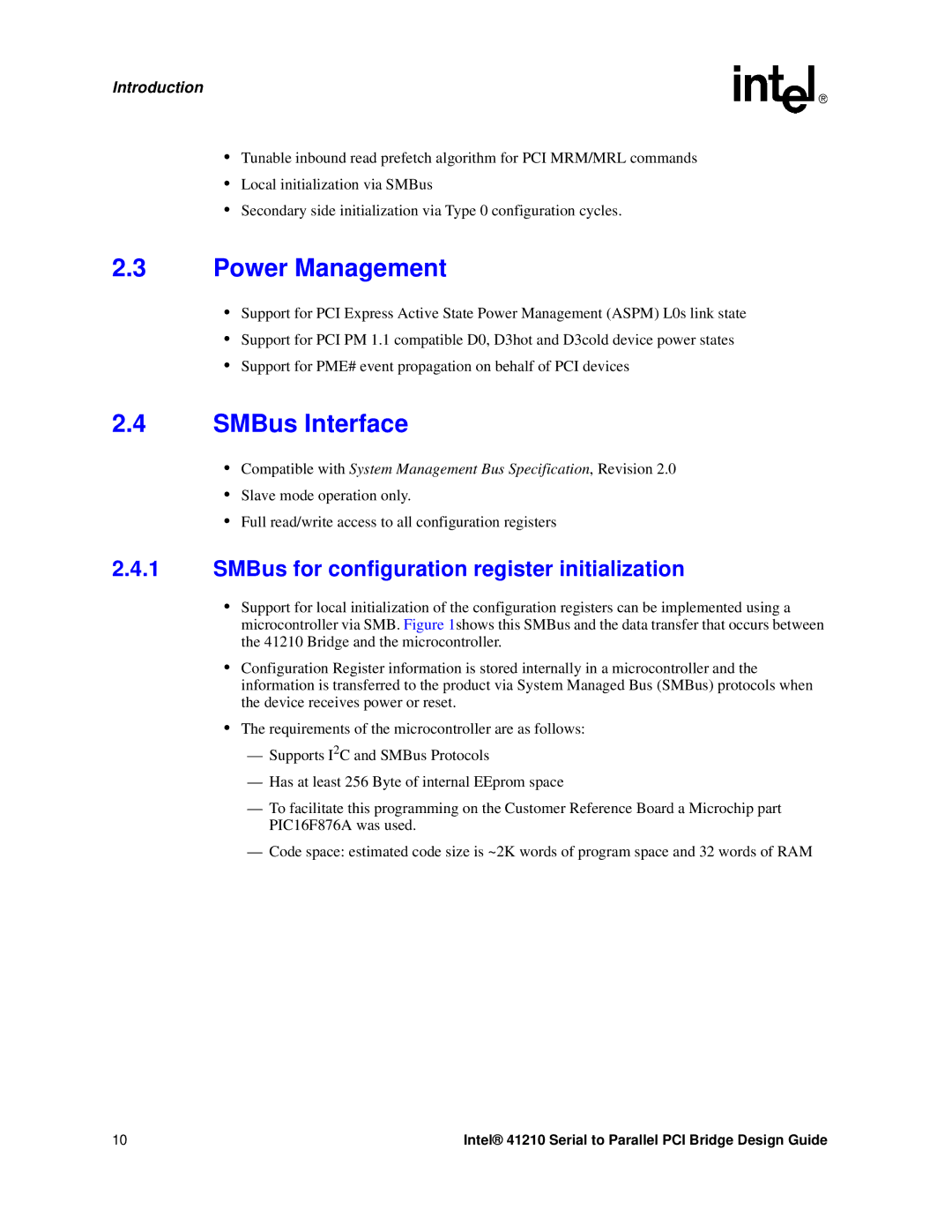 Intel 41210 manual Power Management, SMBus Interface, SMBus for configuration register initialization, Introduction 