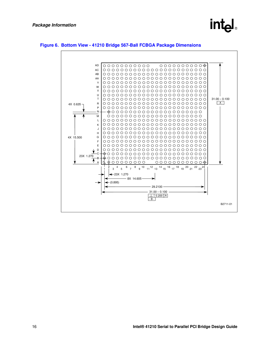 Intel manual Package Information, Bottom View 41210 Bridge 567-Ball Fcbga Package Dimensions 