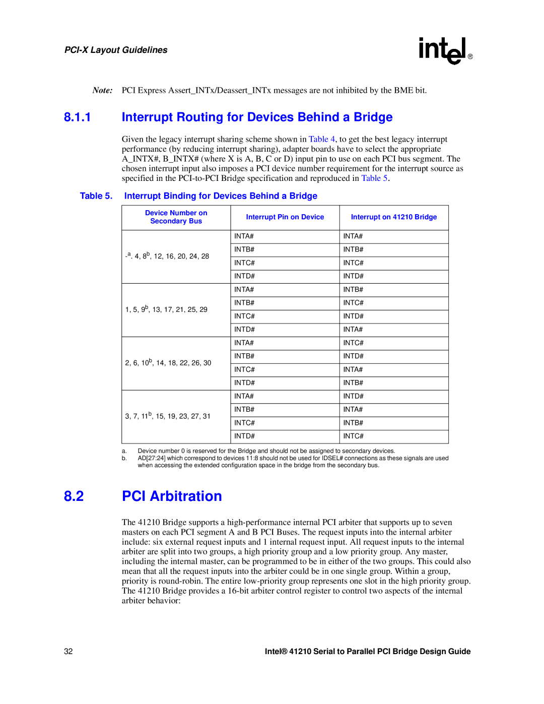 Intel 41210 manual PCI Arbitration, Interrupt Routing for Devices Behind a Bridge, PCI-X Layout Guidelines 