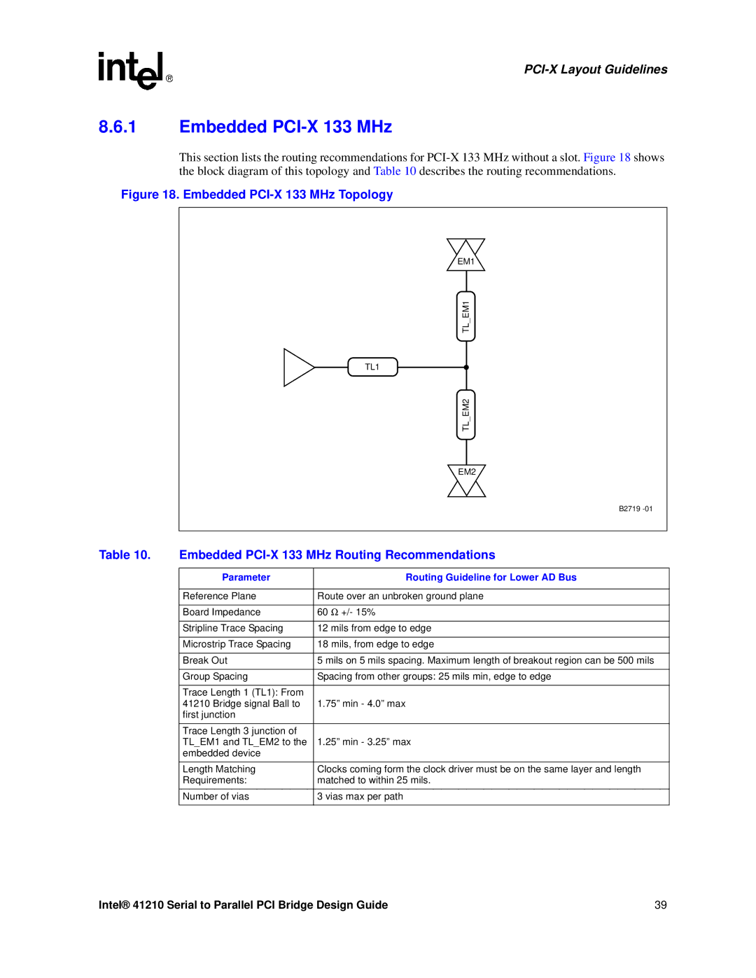 Intel 41210 manual Embedded PCI-X 133 MHz Routing Recommendations, Parameter Routing Guideline for Lower AD Bus 