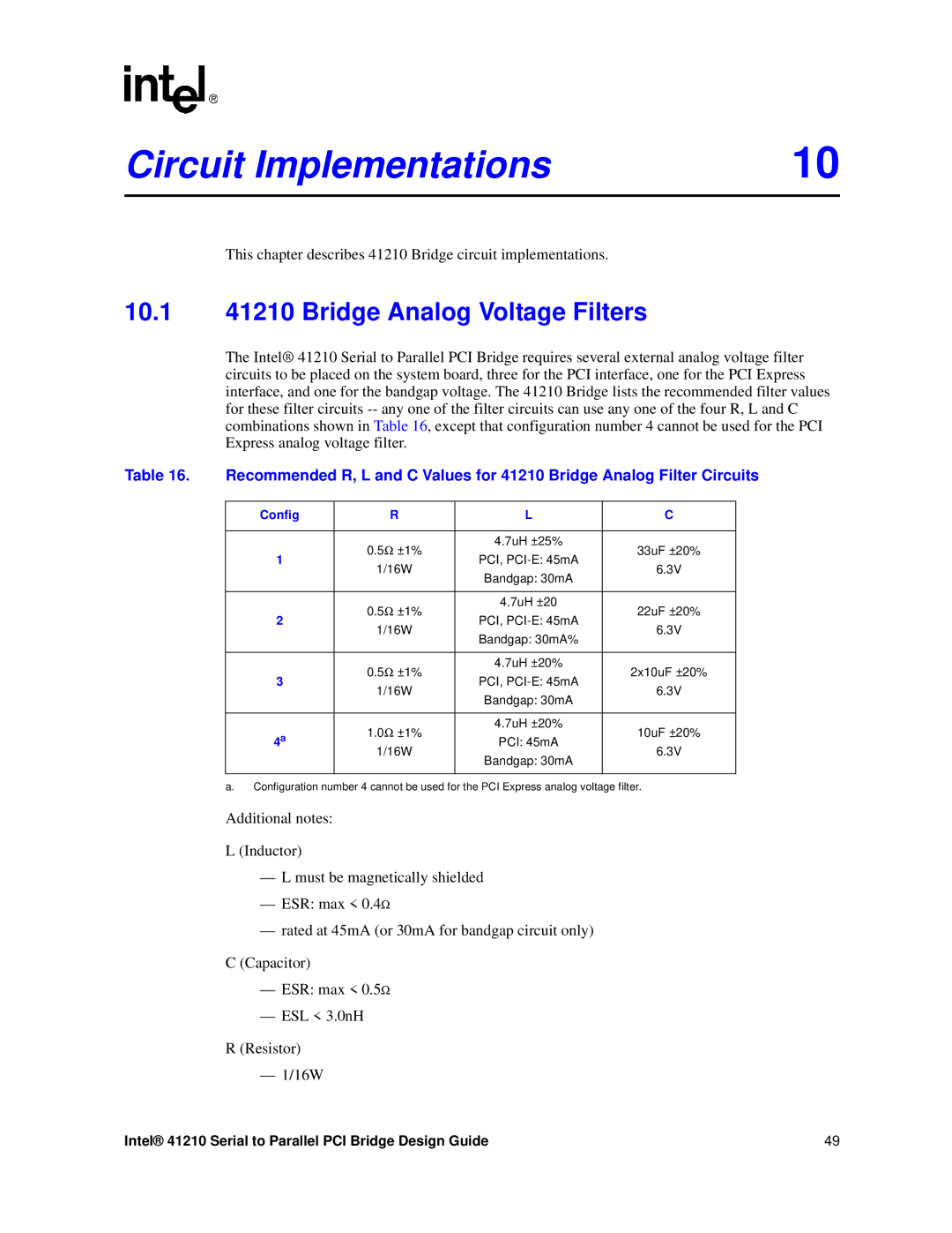 Intel manual Circuit Implementations, 10.1 41210 Bridge Analog Voltage Filters, Config 