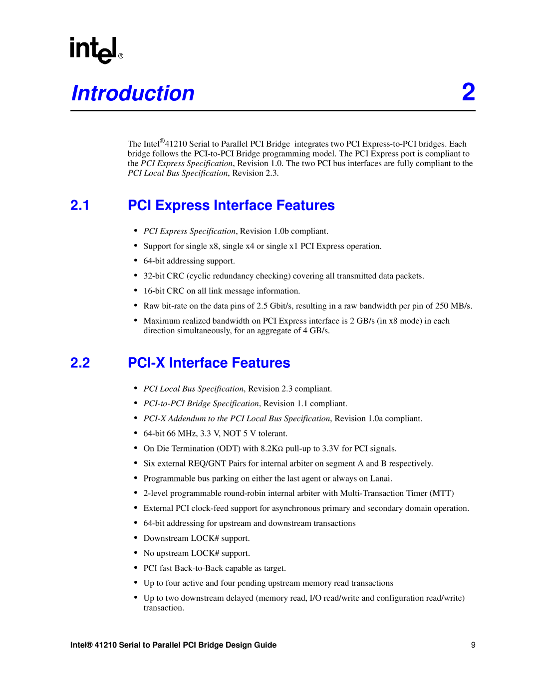 Intel 41210 manual Introduction2, PCI Express Interface Features, PCI-X Interface Features 