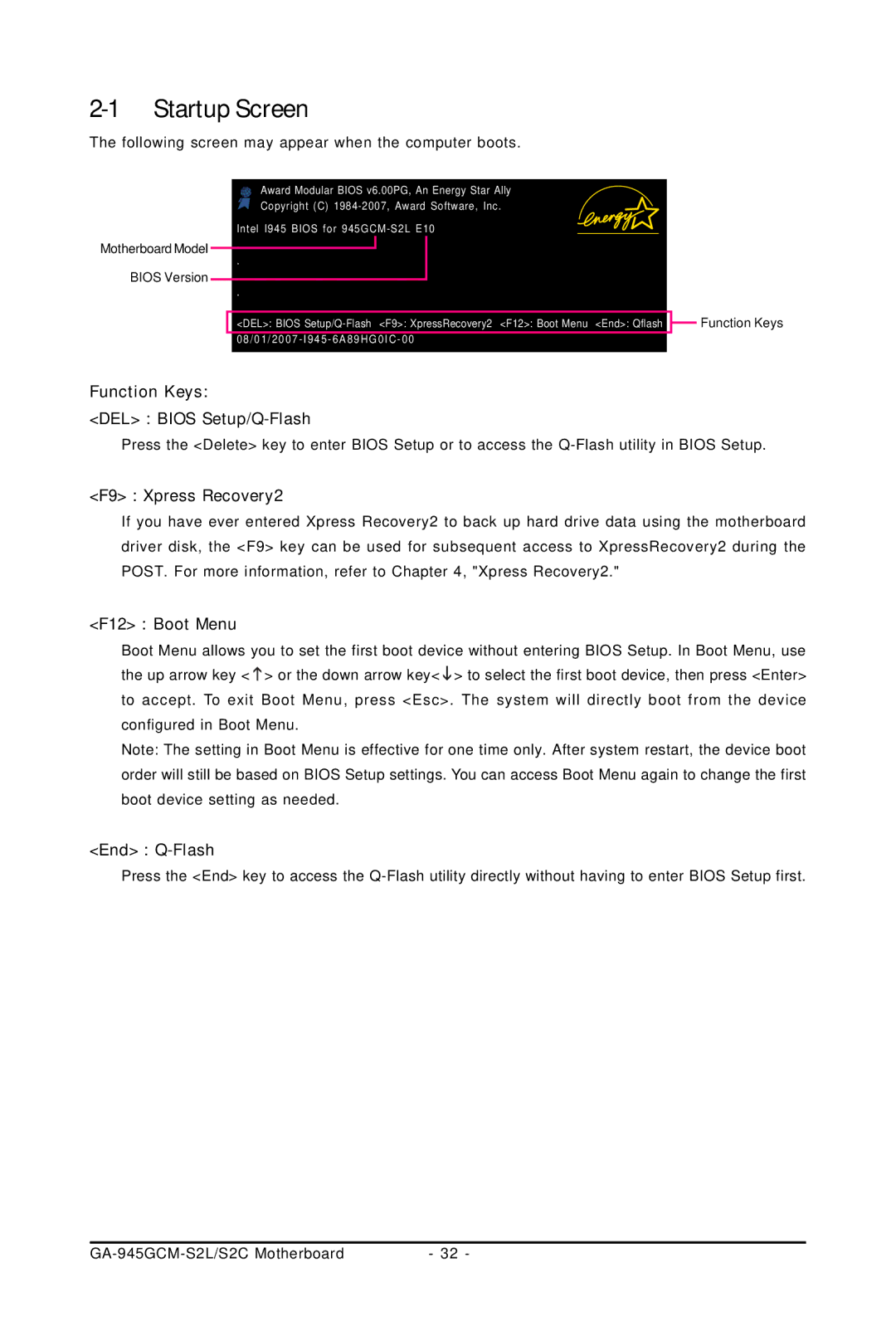 Intel 4127, 4112 user manual Startup Screen, Following screen may appear when the computer boots 