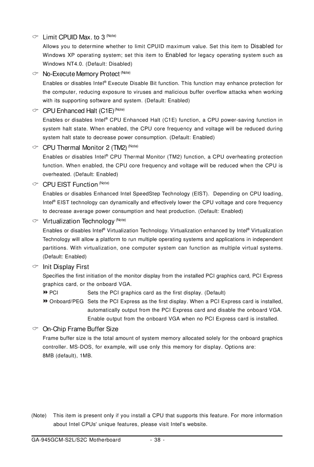 Intel 4127 Limit Cpuid Max. to 3 Note, No-Execute Memory Protect Note, CPU Enhanced Halt C1ENote, CPU Eist Function Note 