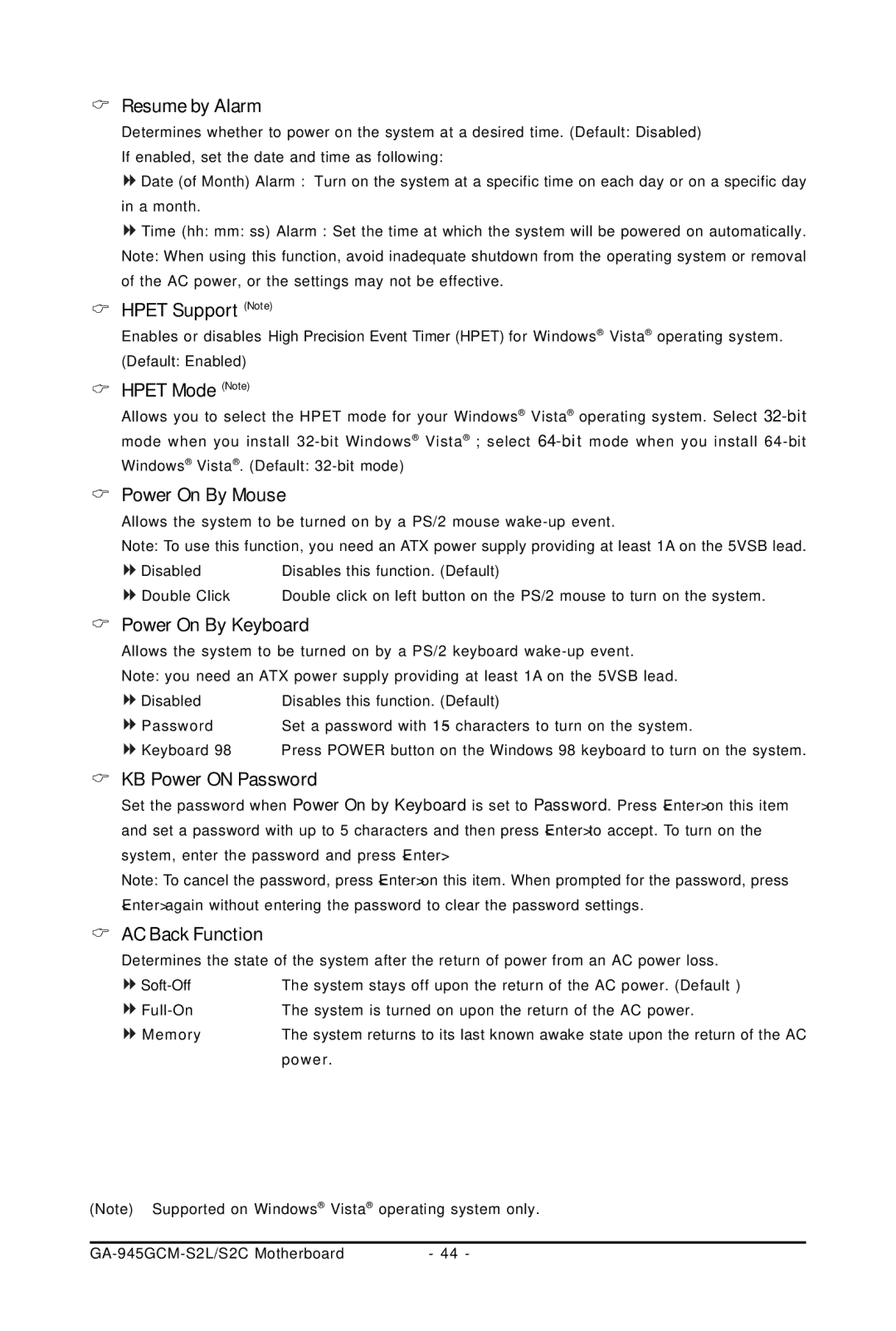 Intel 4127 Resume by Alarm, Hpet Support Note, Hpet Mode Note, Power On By Mouse, Power On By Keyboard, AC Back Function 