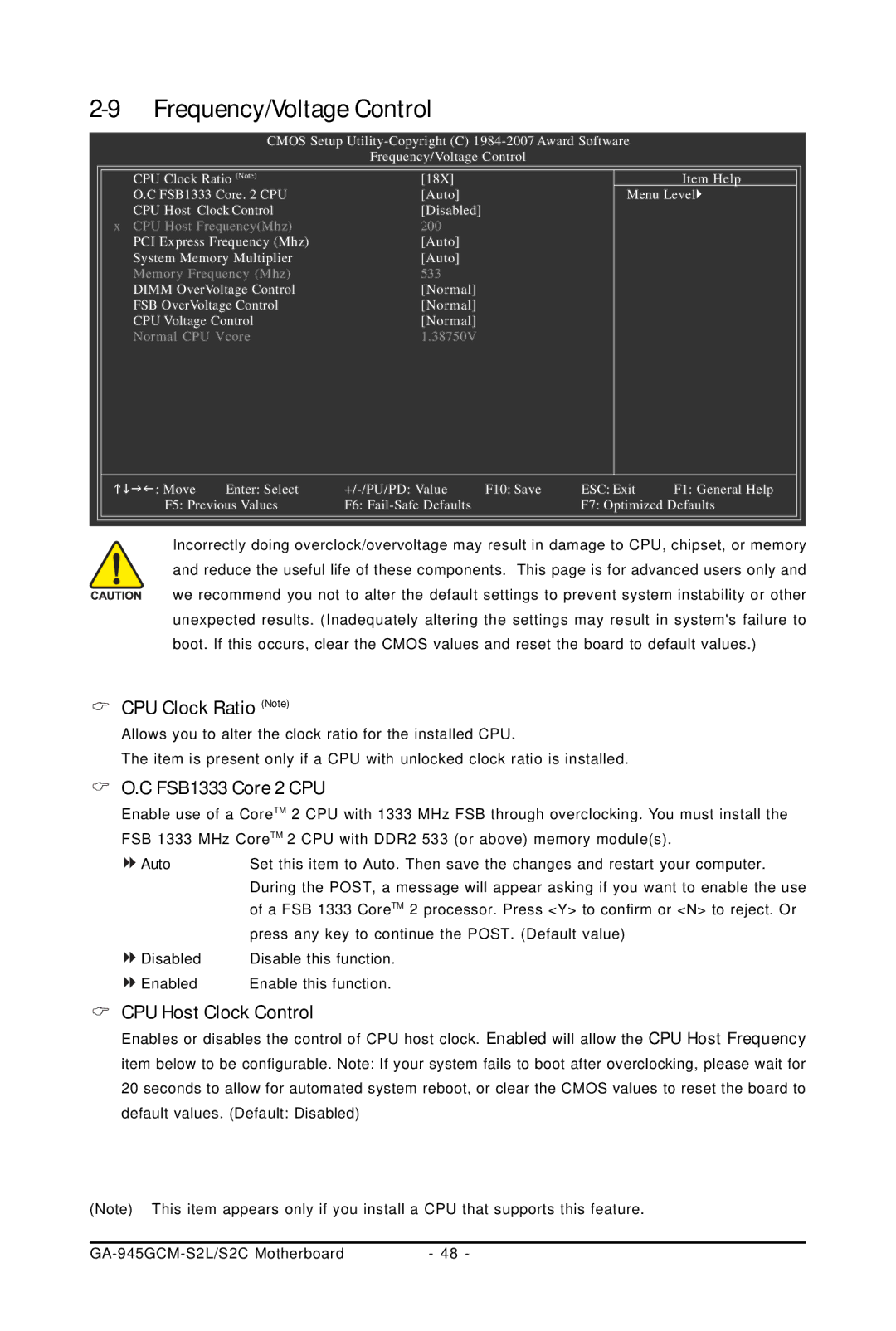 Intel 4127, 4112 user manual CPU Clock Ratio Note, FSB1333 Core 2 CPU, CPU Host Clock Control 