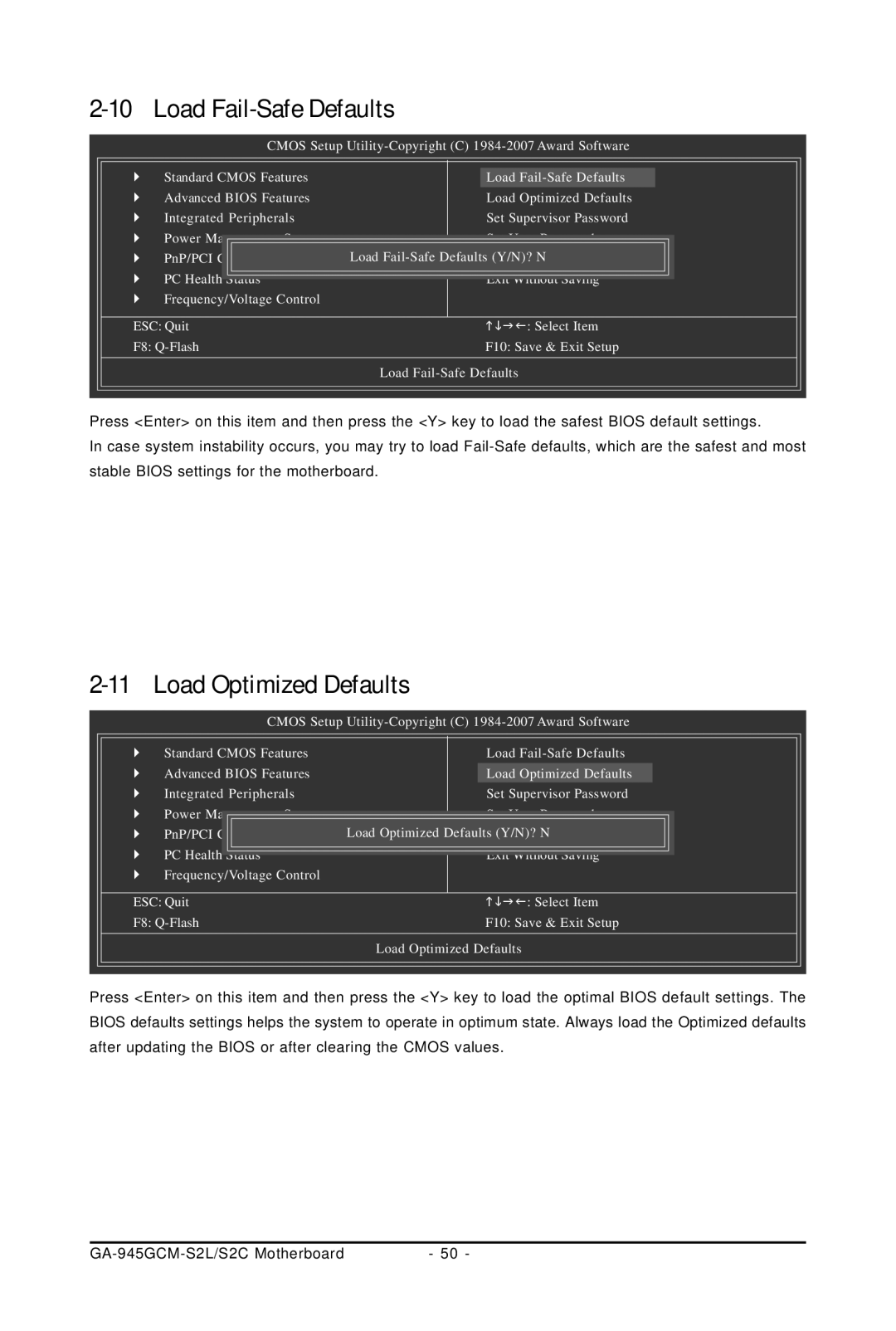 Intel 4127, 4112 user manual Load Fail-Safe Defaults, Load Optimized Defaults 