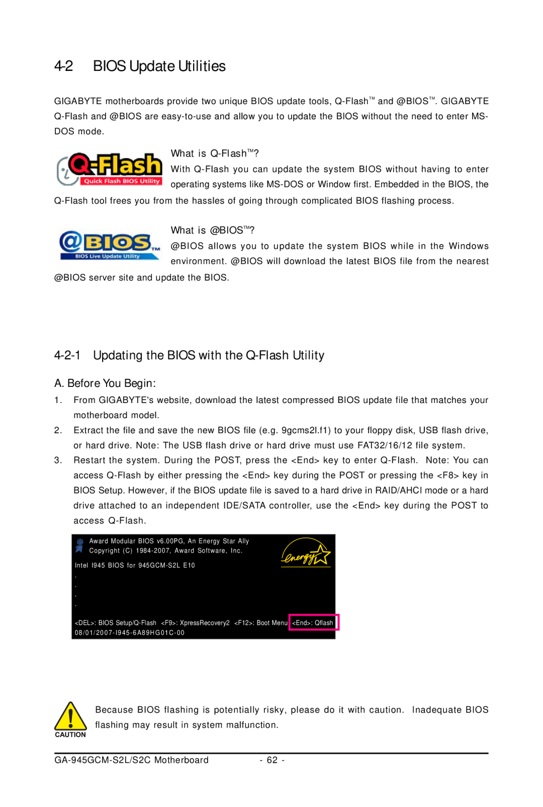 Intel 4127, 4112 user manual Bios Update Utilities, Updating the Bios with the Q-Flash Utility 