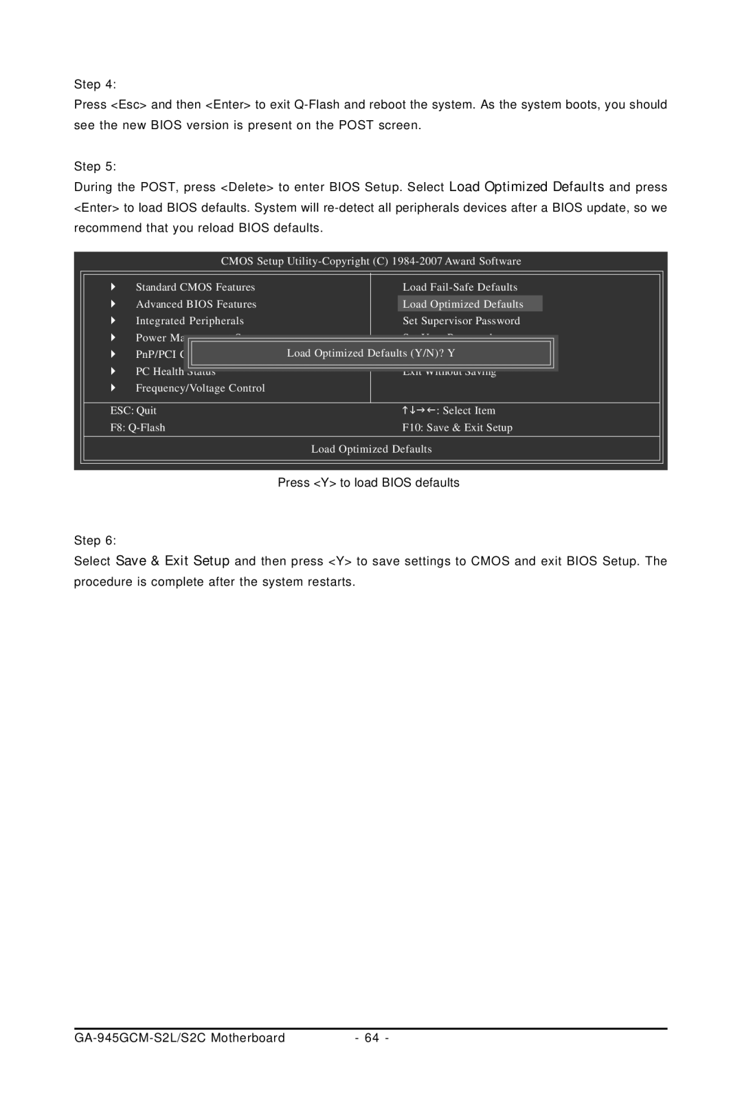 Intel 4127, 4112 user manual Press Y to load Bios defaults 