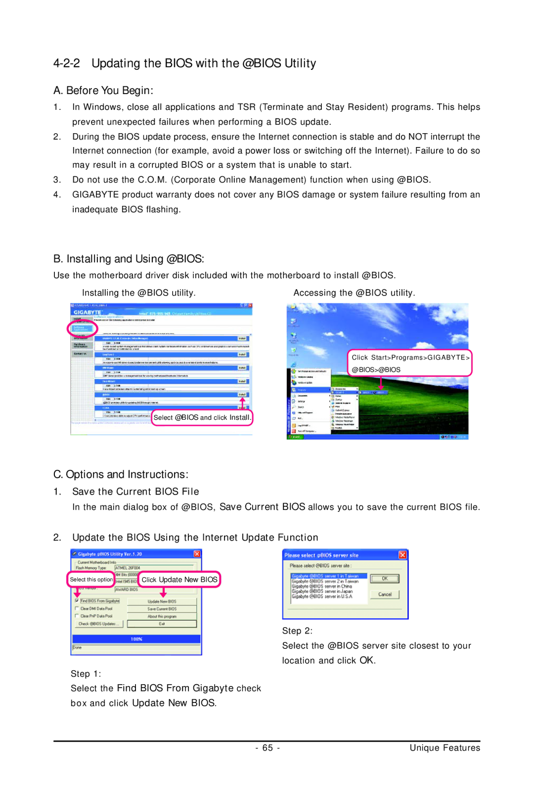 Intel 4112, 4127 user manual Updating the Bios with the @BIOS Utility, Installing and Using @BIOS, Options and Instructions 