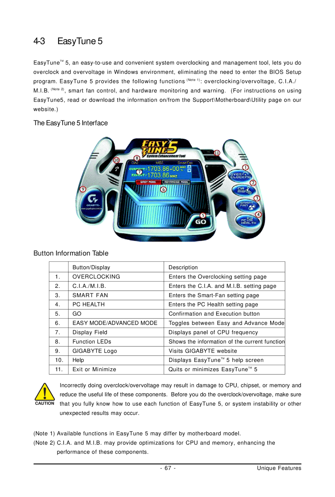 Intel 4112, 4127 user manual EasyTune 5 Interface Button Information Table 