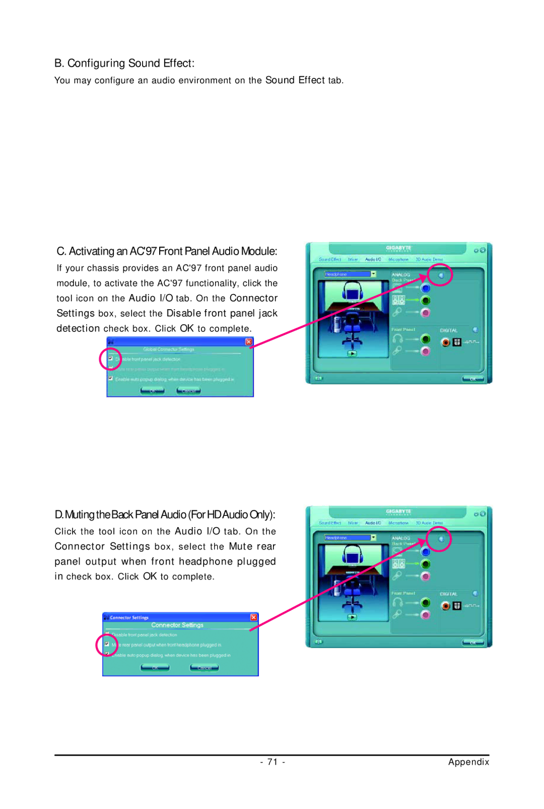 Intel 4112, 4127 user manual Configuring Sound Effect, Activating an AC97 Front Panel Audio Module 