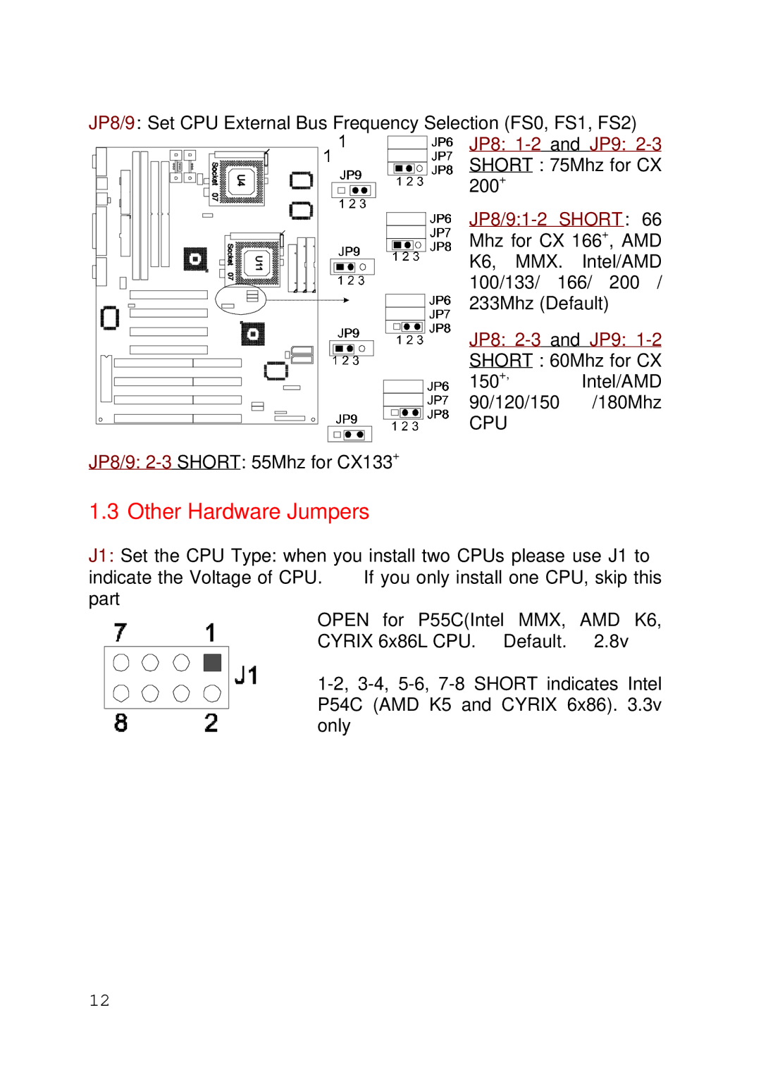 Intel 430TX user manual JP8/91-2 Short, Cpu 