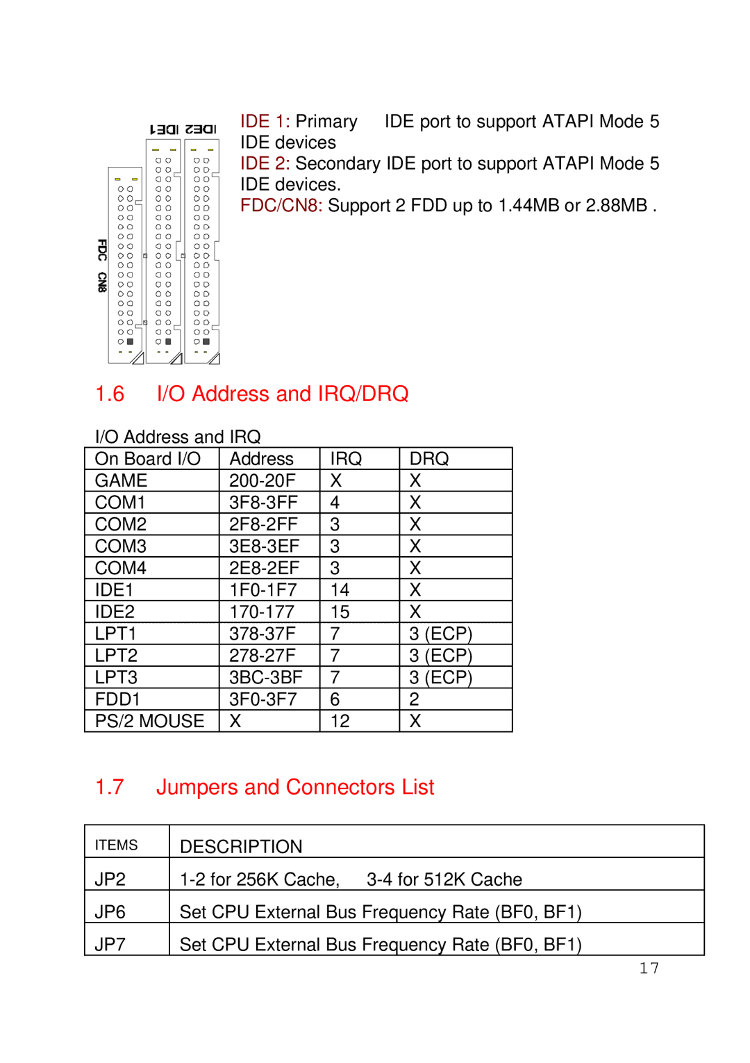 Intel 430TX IRQ DRQ Game, COM1, COM2, COM3, COM4, IDE1, IDE2, LPT1, LPT2, LPT3, FDD1, PS/2 Mouse, Description, JP2, JP6 