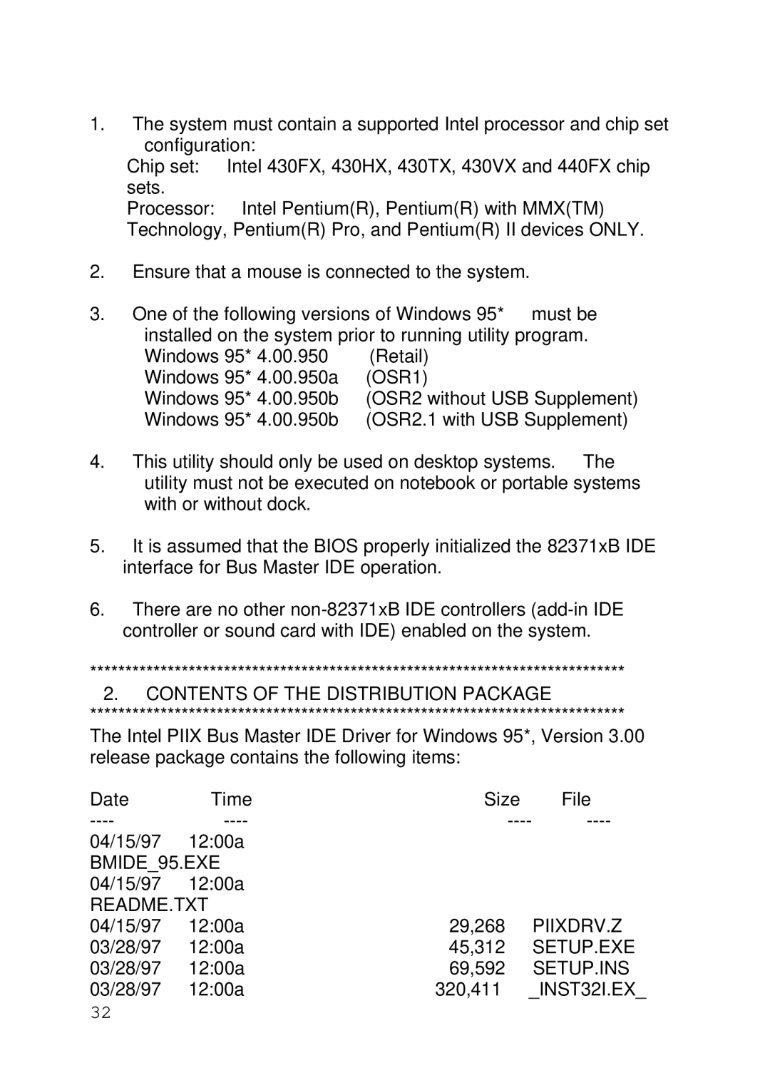 Intel 430TX user manual Contents of the Distribution Package, BMIDE95.EXE, Readme.Txt, Piixdrv.Z, Setup.Exe, Setup.Ins 