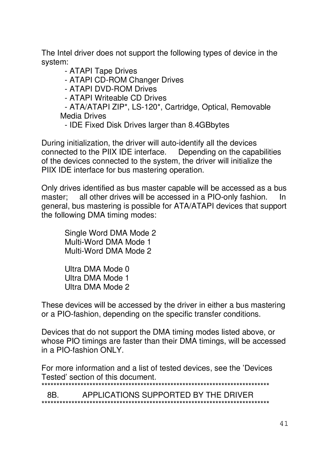 Intel 430TX user manual 8B. Applications Supported by the Driver 