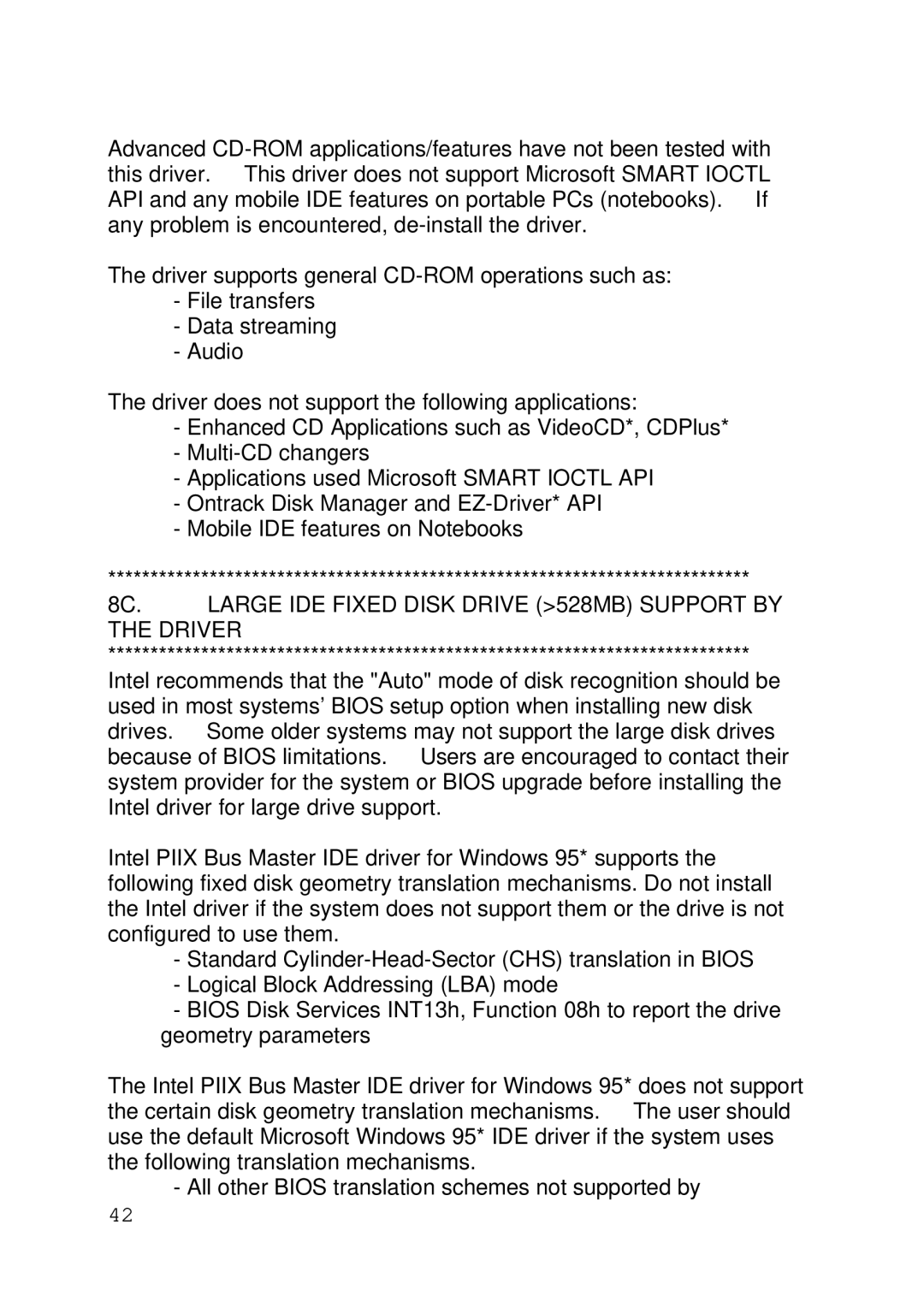 Intel 430TX user manual 8C. Large IDE Fixed Disk Drive 528MB Support by the Driver 