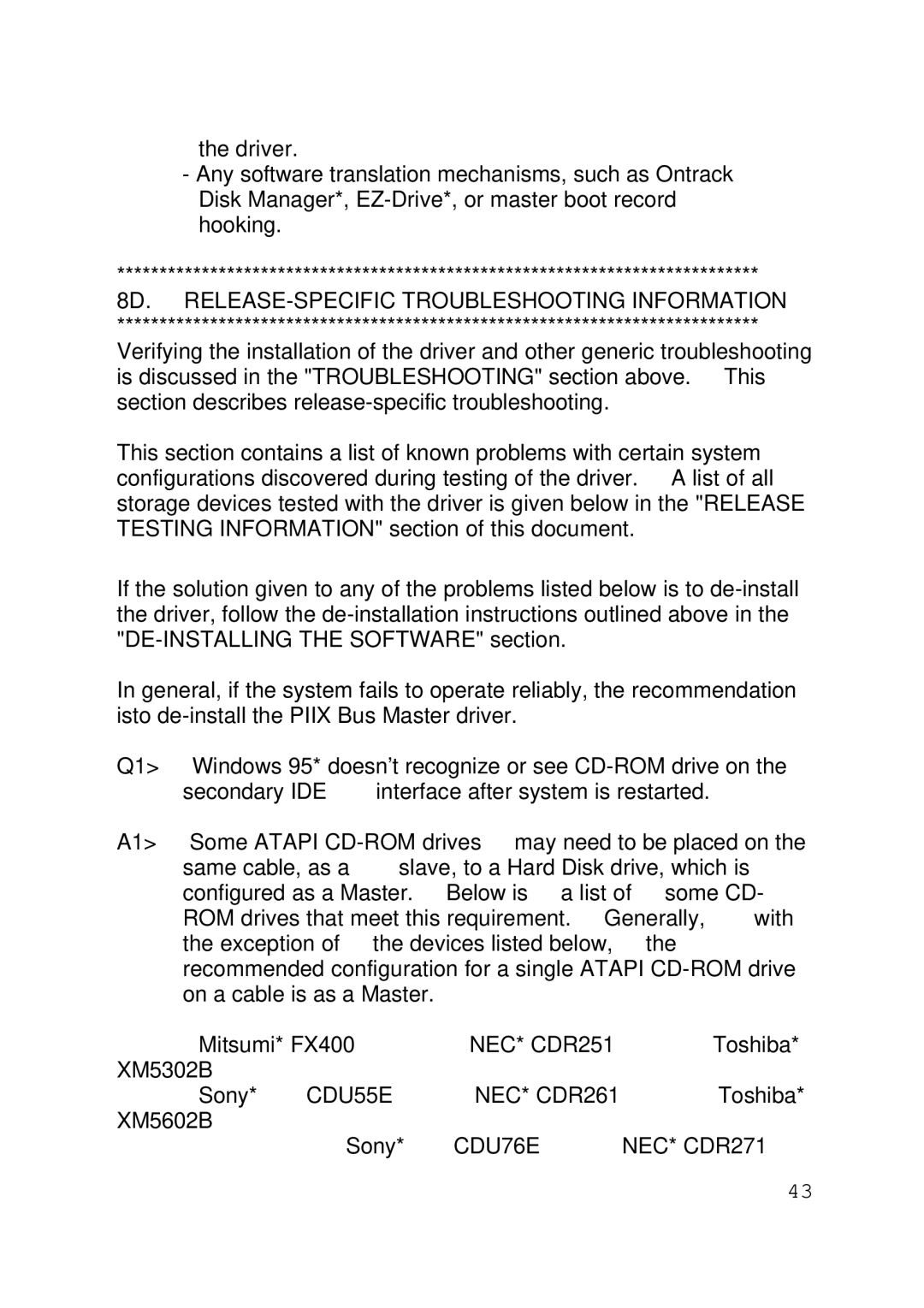 Intel 430TX 8D. RELEASE-SPECIFIC Troubleshooting Information, NEC* CDR251, CDU55E NEC* CDR261, CDU76E NEC* CDR271 