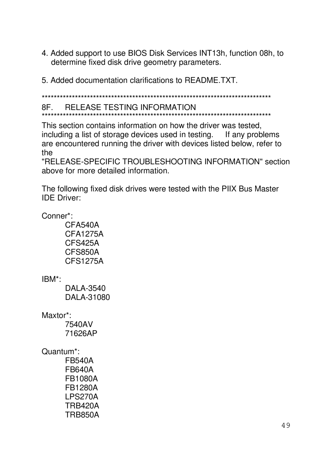 Intel 430TX user manual 8F. Release Testing Information, CFA540A, CFS425A CFS850A, Ibm, LPS270A TRB420A TRB850A 