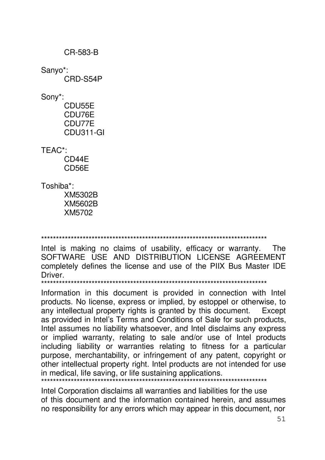 Intel 430TX user manual CRD-S54P, CDU55E CDU76E CDU77E CDU311-GI Teac CD44E CD56E 