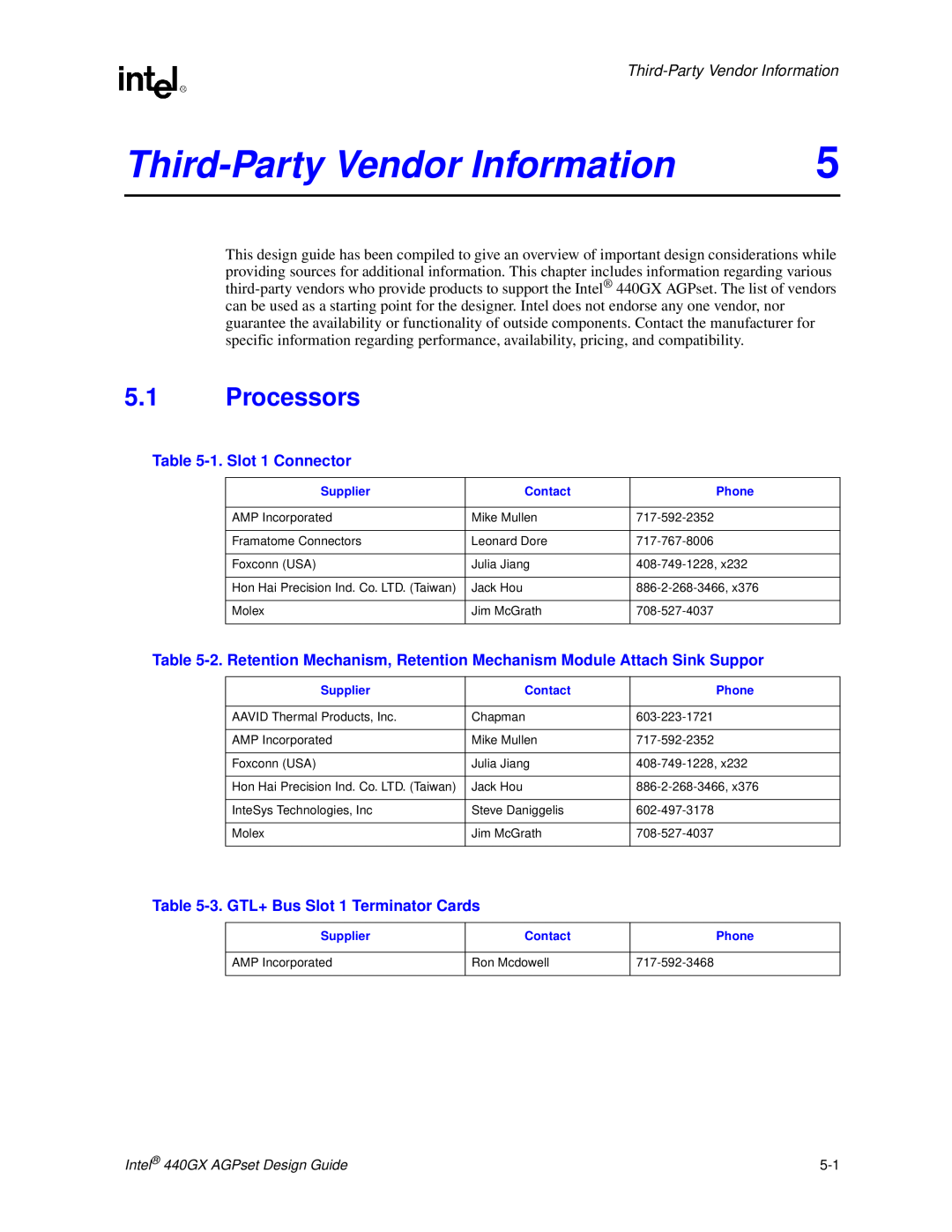 Intel 440GX manual Third-Party Vendor Information, Processors, 1. Slot 1 Connector, 3. GTL+ Bus Slot 1 Terminator Cards 