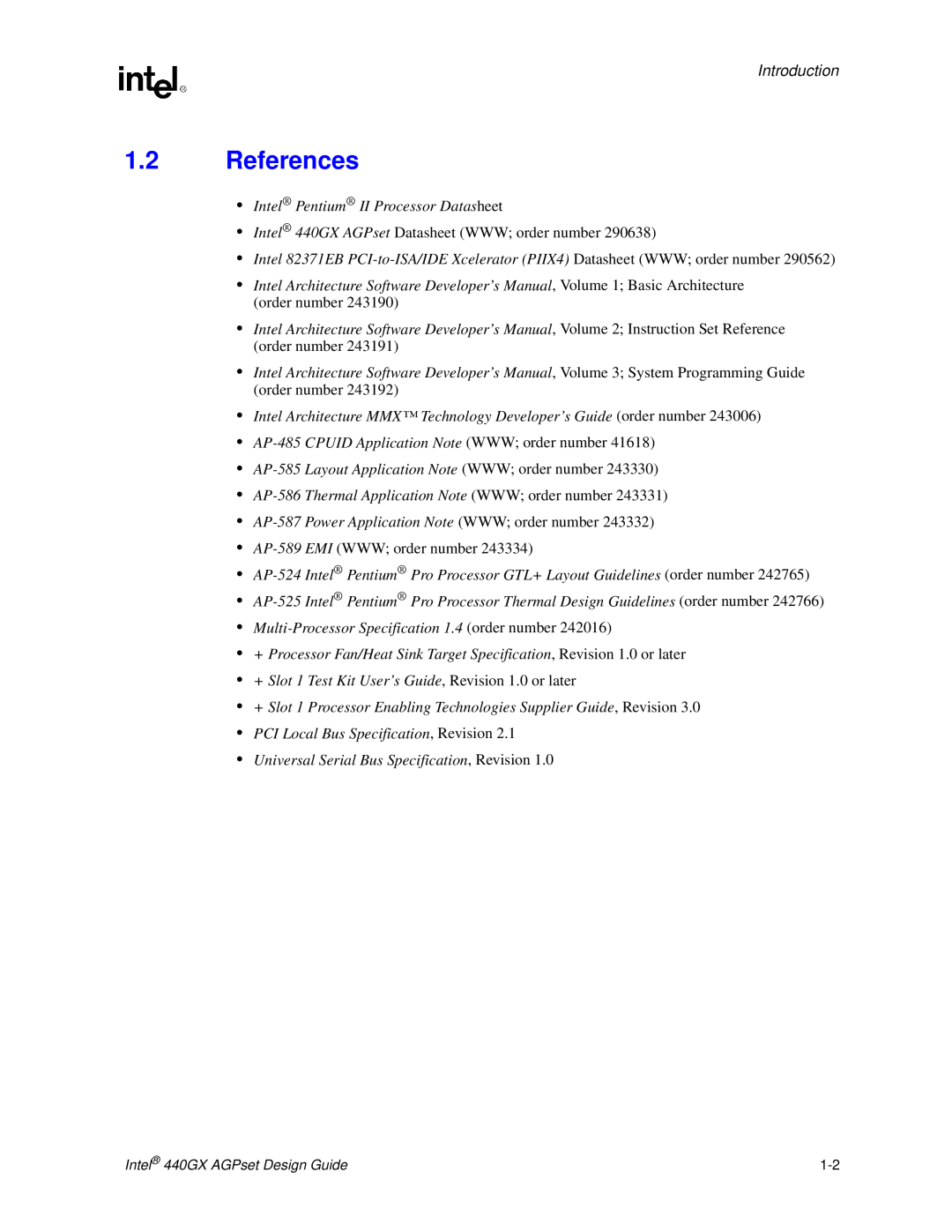 Intel manual References, Introduction, Intel 440GX AGPset Datasheet WWW order number, AP-589 EMI WWW order number 