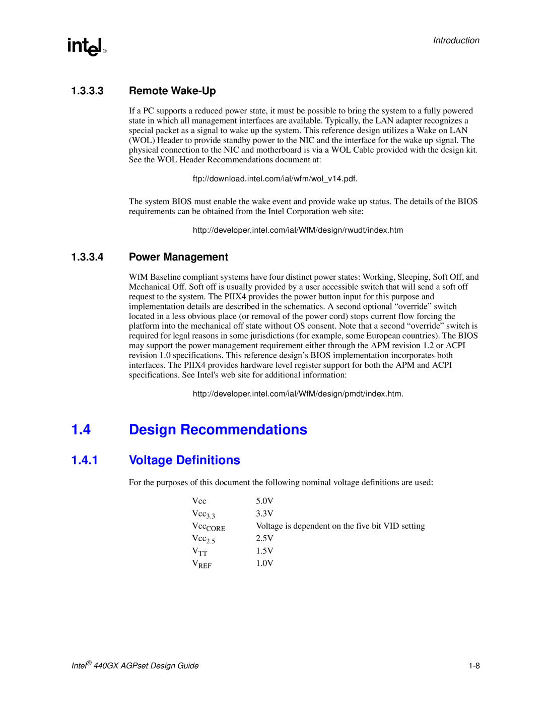 Intel 440GX manual Design Recommendations, Voltage Definitions, Remote Wake-Up, Power Management, Introduction 