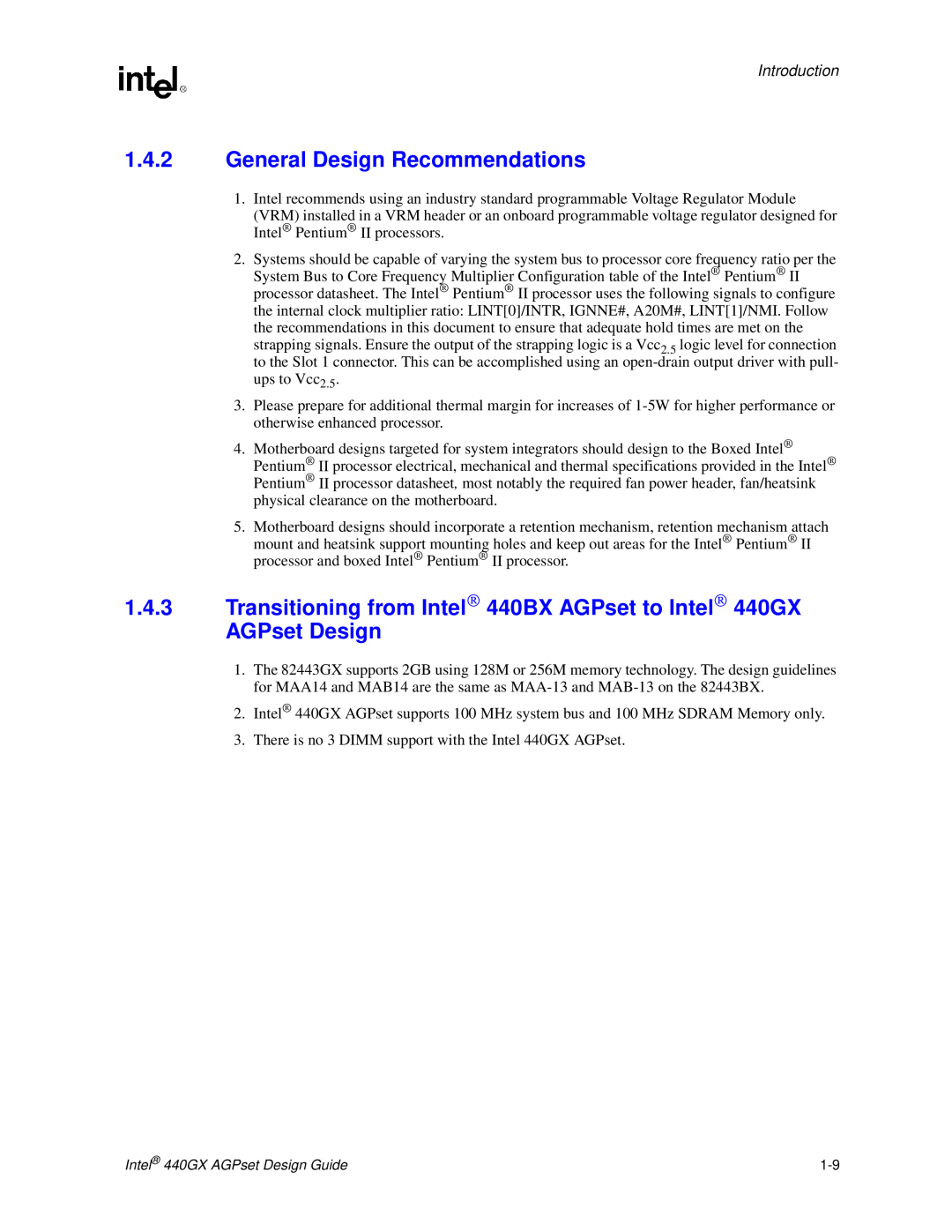 Intel General Design Recommendations, Transitioning from Intel 440BX AGPset to Intel 440GX, AGPset Design, Introduction 