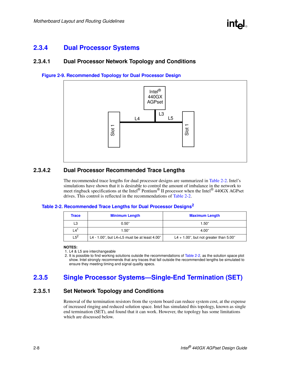 Intel 440GX manual Dual Processor Systems, Single Processor Systems-Single-End Termination SET 