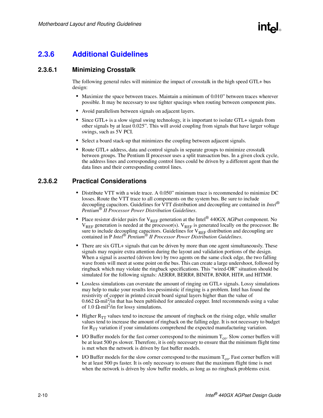 Intel 440GX manual Additional Guidelines, Minimizing Crosstalk, Practical Considerations 