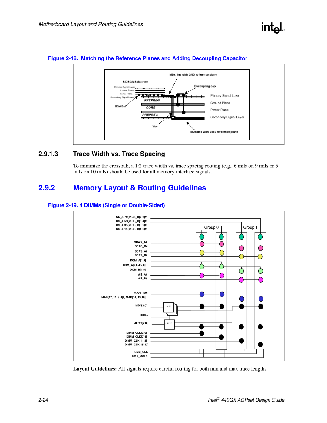 Intel 440GX manual Memory Layout & Routing Guidelines, Trace Width vs. Trace Spacing, 19. 4 DIMMs Single or Double-Sided 