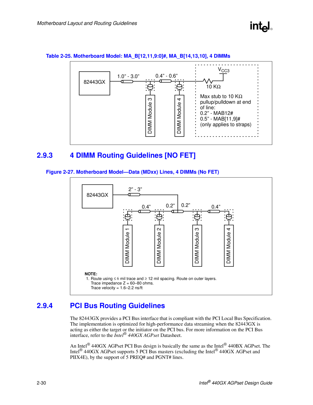 Intel 440GX 2.9.3 4 DIMM Routing Guidelines NO FET, PCI Bus Routing Guidelines, Motherboard Layout and Routing Guidelines 