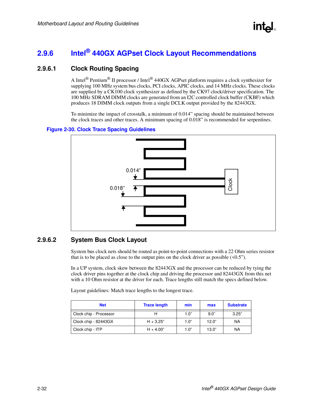 Intel manual Intel 440GX AGPset Clock Layout Recommendations, Clock Routing Spacing, System Bus Clock Layout 