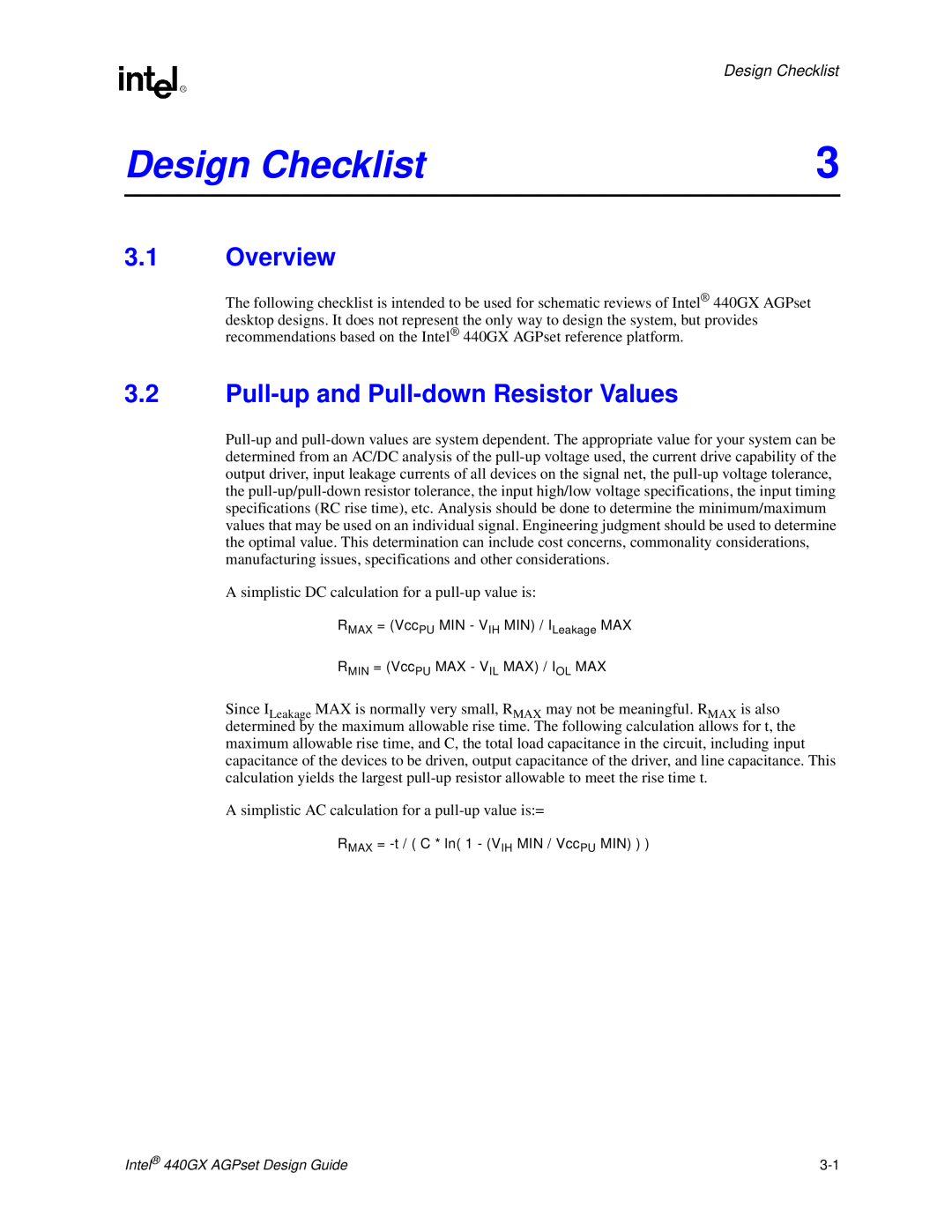 Intel 440GX manual Design Checklist, Overview, Pull-up and Pull-down Resistor Values 