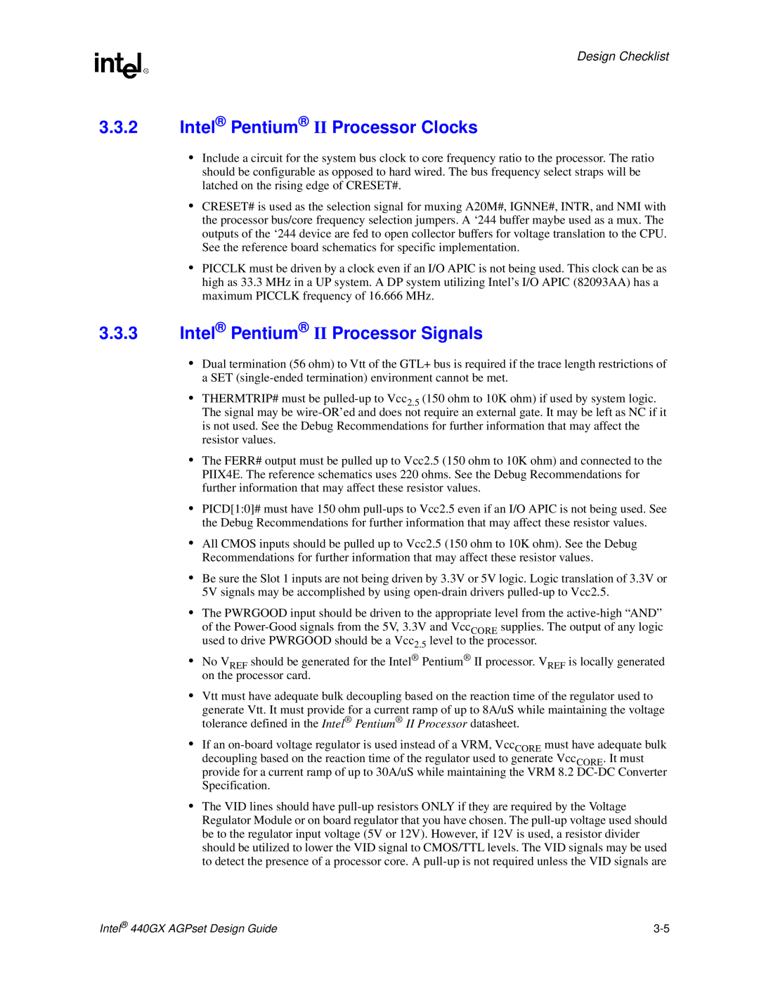 Intel 440GX manual Intel Pentium II Processor Clocks, Intel Pentium II Processor Signals, Design Checklist 