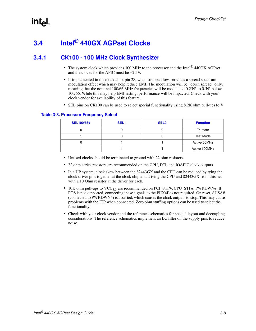 Intel manual Intel 440GX AGPset Clocks, 3.4.1 CK100 - 100 MHz Clock Synthesizer, 3. Processor Frequency Select 